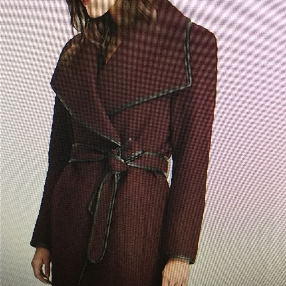 Faux leather trim wrap coat by DKNY